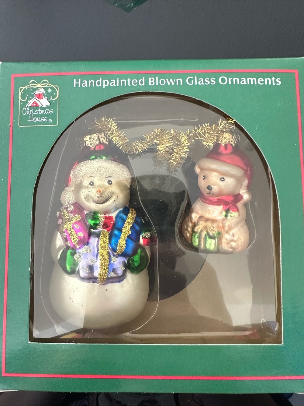 Christmas House Snowman & Bear Handpainted Glass Ornaments